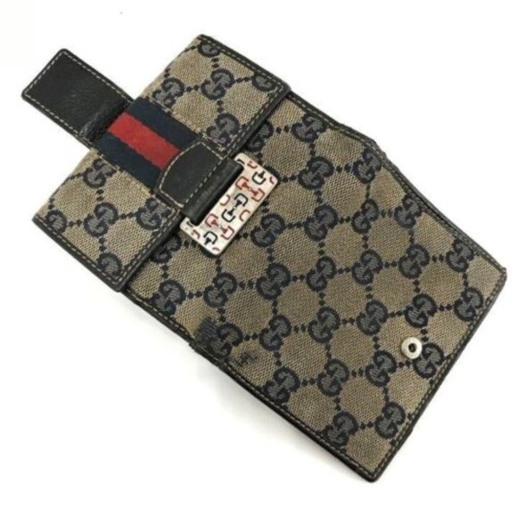 Authentic GUCCI Bifold Wallet Card Coin Case Purse Brown Navy With Box - Picture 4 of 10